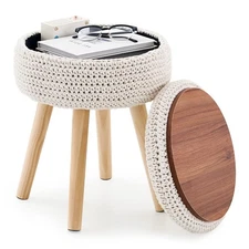 Round Foot Stool Ottoman with Storage Footrest with Wood Legs Cotton Knitted ...
