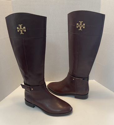 TORY BURCH EVERLY LEATHER RIDING BOOTS BOOT DARK ALMOND SIZE 6.5