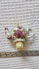 Vintage Porcelain Teapot Shaped NightLight White Burgundy Flower Gold Trim Works