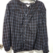 Time And Tru Plaid Cotton Button-Up Blouse XL Ruffle Long Sleeve Black Blue