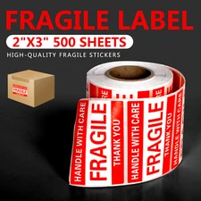 500PCS 1Roll Fragile Stickers 2x3 Fragile Label Sticker Handle With Care Mailing