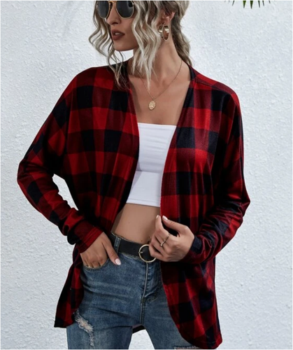 Buffalo Plaid Womens Red Open Cardigan 