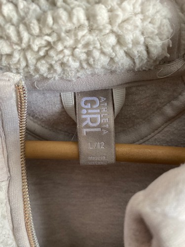 Athleta Girl Fuzzy Sherpa Lined Hoodie Sweatshirt Large 12 Beige Gray - Picture 4 of 5
