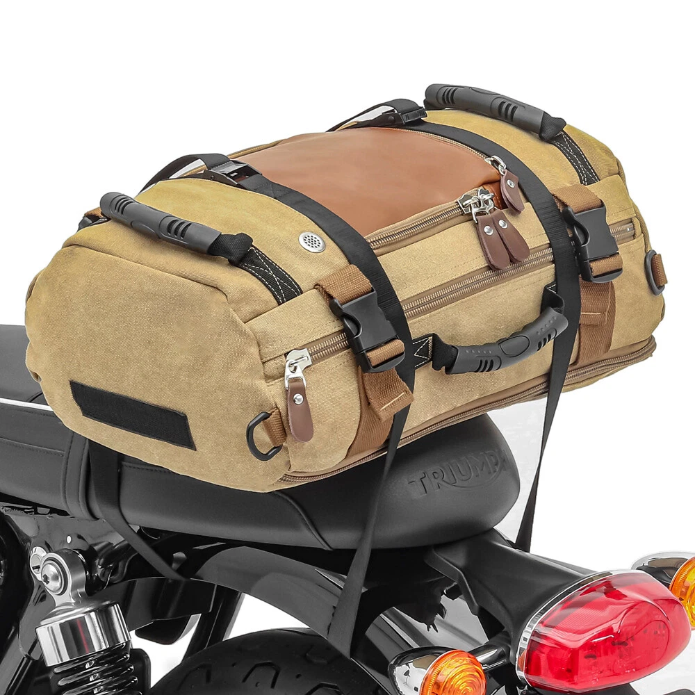 Set: Motorcycle Tail Bag Vintage 25L Canvas Backpack Duffle Roll Bag grey  Craftride + Motorbike Straps Set ConStands tie down straps 150cm 2 pieces  in black ✓ Buy now!