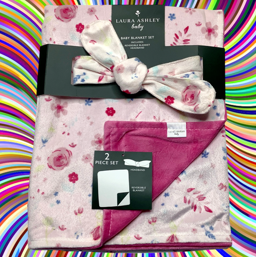 NEW Laura Ashley Floral Flowers Baby Blanket & Headband 2 Piece Set Mink Minky - Picture 9 of 9