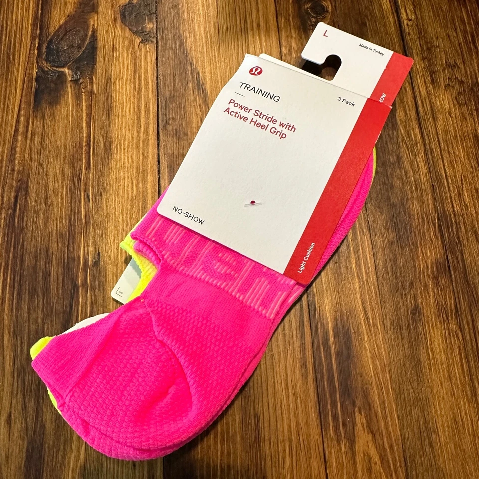 Lululemon Power Stride No Show 袜子 3 件装 Active Grip 霓虹粉色橙色 L 码 — 第 2/4 张图片