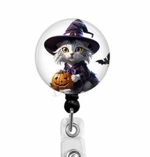 Halloween Cat w/ Pumpkin Badge ID Holder - Retractable Name Badge Holder, T148