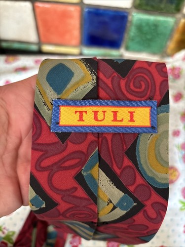 TULI Men's Red Abstract Patterned Pure Silk Hand Sewn Neck Tie - Picture 7 of 11