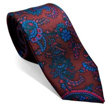 Hand-Printed Brown Floral Paisley Slim Silk Tie Handmade in England