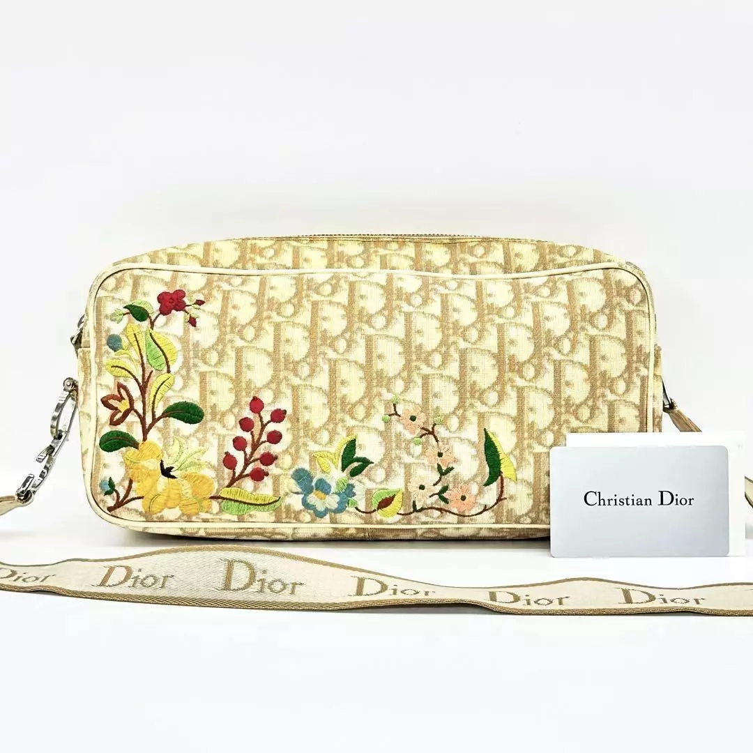 Sac bandoulière CHRISTIAN DIOR trotteur fleur PVC cuir ivoire x beige avec carte G.