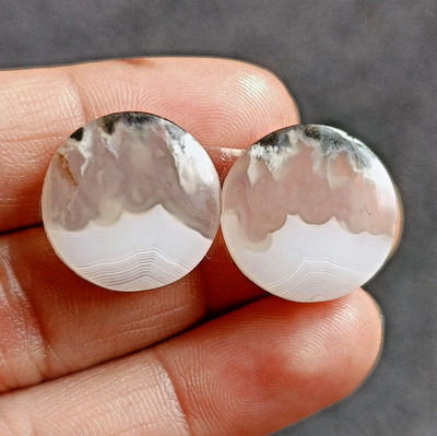 27 CT Natural White Seam Agate Round Shape Pair Stone Loose Gemstone 18 MM