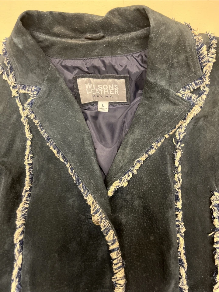 Gabardina Wilsons Leather Máxima azul oscuro cuero gamuza flecos para mujer talla L Foto 2 de 4