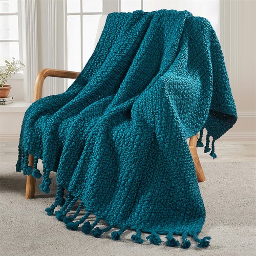 Chunky Knit Throw Blanket w/ Braided Tassels Soft Thick Yarn Basket Weave Boho - Picture 50 of 73