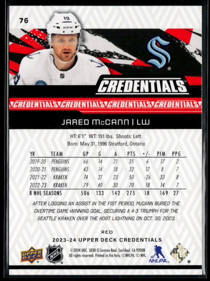2023-24 Upper Deck Credentials Red #76 Jared McCann 308/349 - Image 2 of 2