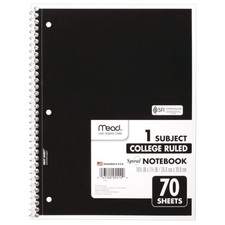 Mead Spiral Notebook, 1 Subject, College Ruled Paper, 70 Sheets, 10-1/2" x 7-1/2