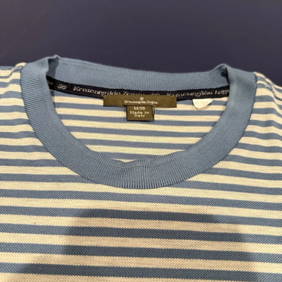 Camiseta Ermenegildo Zegna 100% Algodón De Colección Azul Claro Blanco Rayas Hombres Mediana Foto 2 de 4