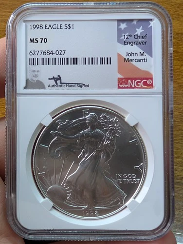 1998 MS70 NGC Signed Mercanti American Eagle Silver 1oz Coin