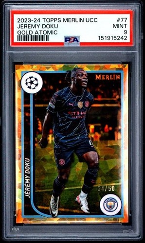 2023-24 TOPPS MERLIN UEFA #77 JEREMY DOKU GOLD ATOMIC /50 PSA 9