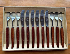 Kings Patterned 12pc Knife & Fork Set, Stainless Steel, Wood Handles, 6 Place
