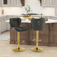 Set of 2 Grey Adjustable Swivel Bar Stools with Gold Base & Footrest