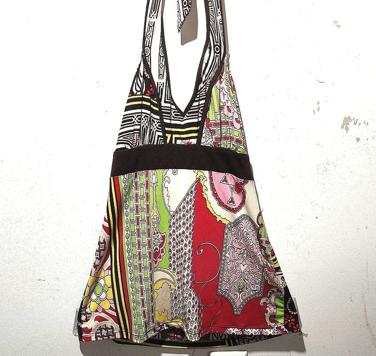 VTG Y2K Babydoll Halter Top Deadstock Colorful Patchwork Dopamine Size S Sele