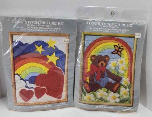 LOT OF 2 VINTAGE DECO POINT LONG STITCH PICTURE KITS BEAR, HEARTS, RAINBOWS 9X12 - Picture 3 of 8