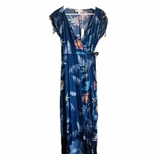 Love Stitch High Low Floral Maxi Dress Faux Wrap Size Small Blue