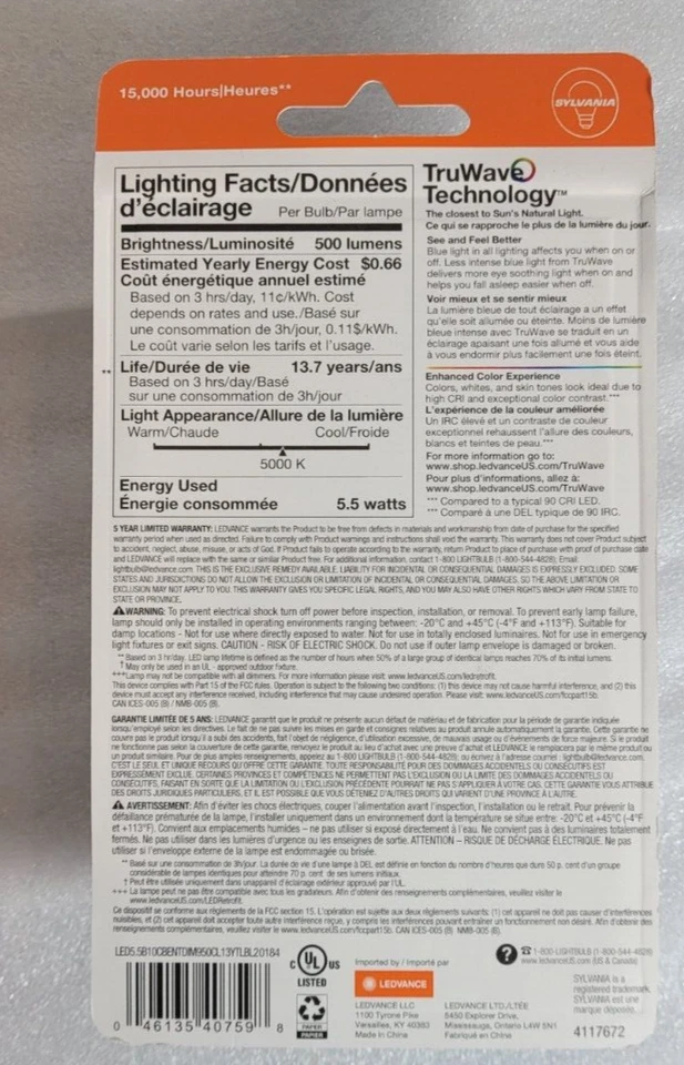 SET OF 3 SYLVANIA B10 LED Candelabra Base Light Bulb 60W Daylight Clear 6 BULBS - Image 4 of 4