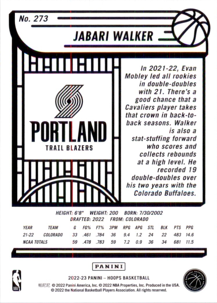 2022-23 NBA Hoops Jabari Walker Rookie Portland Trail