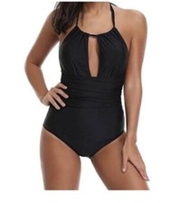B2PRITY Swimsuit Med Tie Halter Ruched One Piece Black Tummy Control Slimming