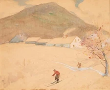 SEARS GALLAGHER : Winter Scene with Two Figures Skiing : Archival Art Print