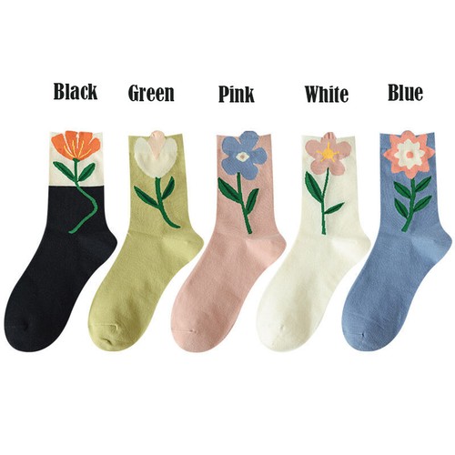 5 Pairs Girls Womens Tulip Flower Design Combed Cotton Casual Sports Socks - Picture 2 of 24