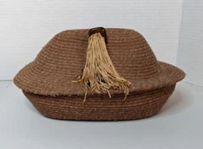 Folk Art Cord Fabric Woven Basket with Lid Oval Tassel Bead Accent Brown