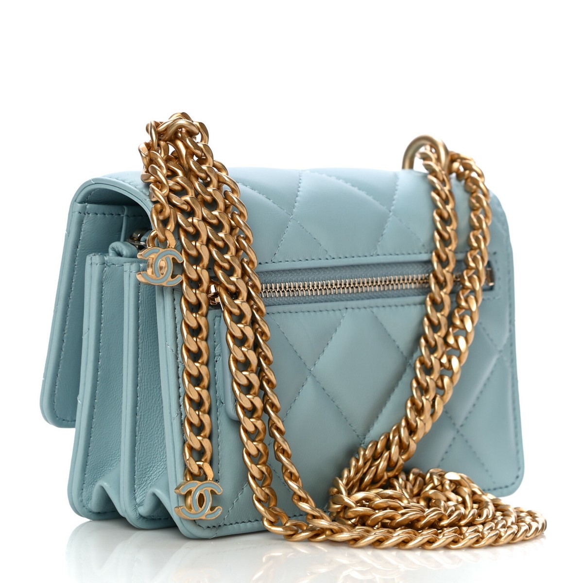 CHANEL Lambskin Enamel Quilted Clutch With Chain, Light Blue, NEW