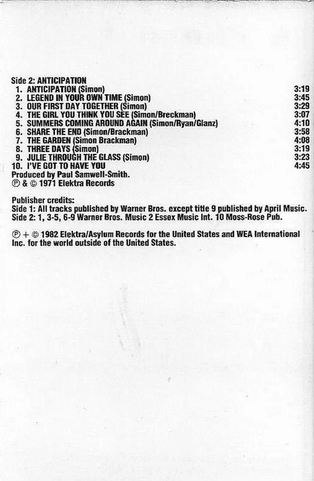 CARLY SIMON NO SECRETS / ANTICIPATION 2 ON 1 CASSETTE ALBUM Pop Rock, Soft Rock  - Image 4 of 4