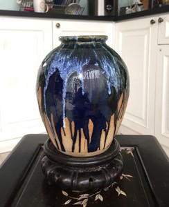 RARE antique chinese Pottery Song Jun Ware Flambe Glaze Blue-Sky Splaahed Jar