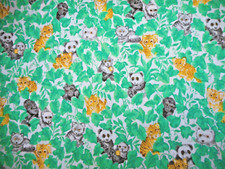 Animal Fabric Short Yard Peaking Baby Animals Green Leaves on White Cotton Vtg