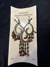 Bohemian Necklace And Earrings Set, Bronze Color w/ Brown Rhinestone Dangles