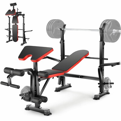 600lb 6-in-1 Weight Bench Set w/Barball Rack Adjustable Incline