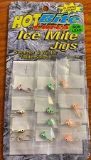 12 NEW HOT BITE FISH ICE MITE FISHING JIGS  ASSORTED SUPER GLOW COLORS SIZE 10