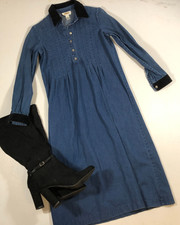 vtg Talbots Denim Dress 4P Blue Chambray Casual Long Sleeve Velvet Collar