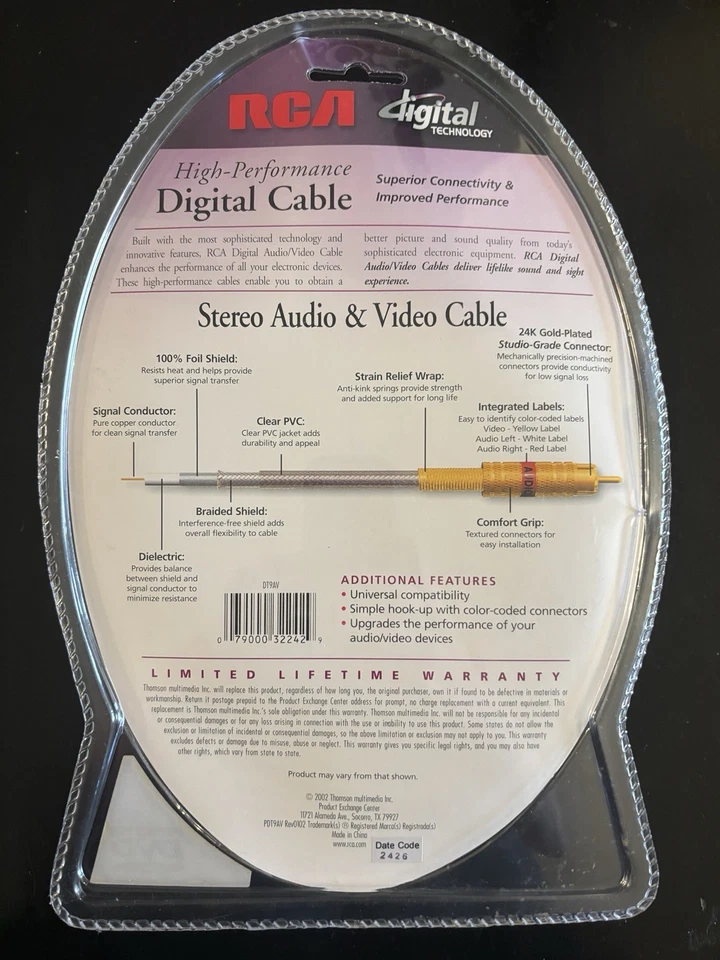 RCA High Performance Digital Audio Video Cable New Sealed 9ft 24kt Gold Plated - Image 2 of 4