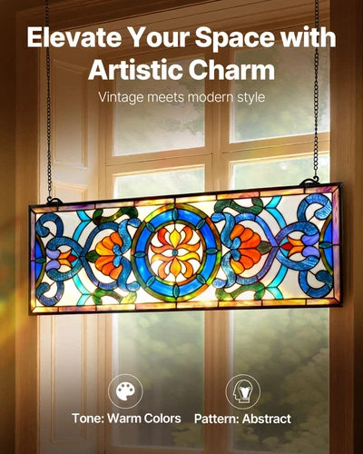 35.1"x12.9" Tiffany Style Stained Glass Window Panel Hanging Transom