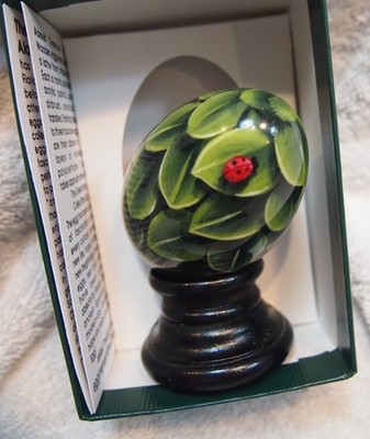 The Egg Man Solid Wood Hand Painted Egg by Alan Traynor Ladybug on Leaf