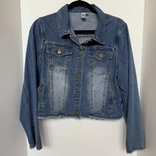MISS MOLY Jean Jacket Women’s Frayed Button Up Cropped Jacket w 2 Side Pockets
