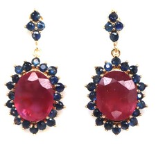925 Sterling Silver 9 x 11 MM. Red Ruby Blue Sapphire Earrings 18K Gold Plated