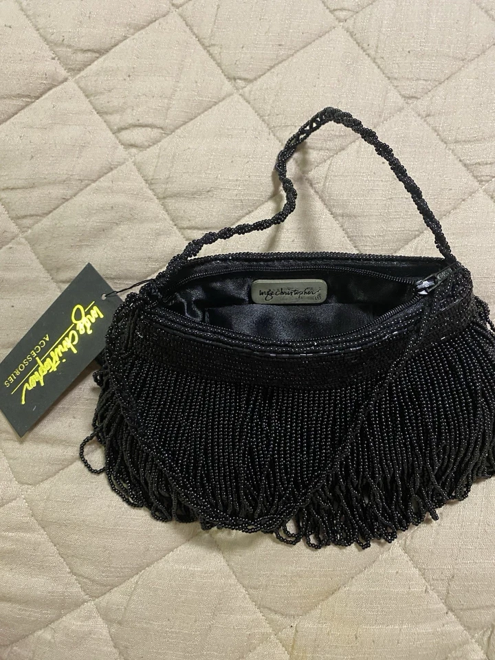 Bolso de noche vintage INGE CHRISTOPHER pequeño negro con flecos con cuentas Foto 3 de 4