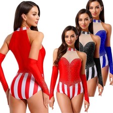 US Womens Circus Ringmaster Costume Party Cosplay Striped Leotard With Gloves