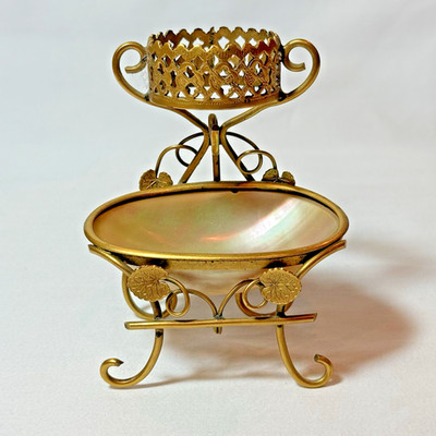 Vintage French Ormolu Mother of Pearl Egg Pocket Watch/Jewelry Holder