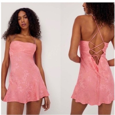 For Love and Lemons Gabrielle Mini Dress Pink Satin Jacquard Floral Small (L)